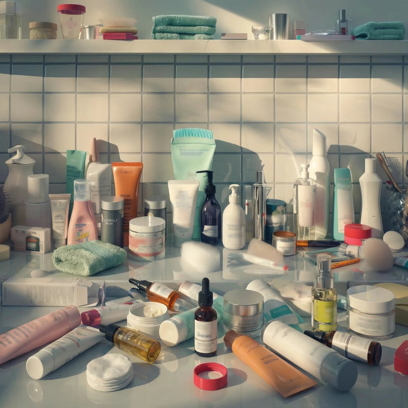 A bathroom shelf full of lies.